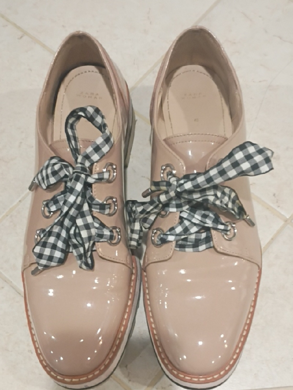 Zara Blush Patent Platform Lace-Up Oxfords with Gingham Ribbon Laces
